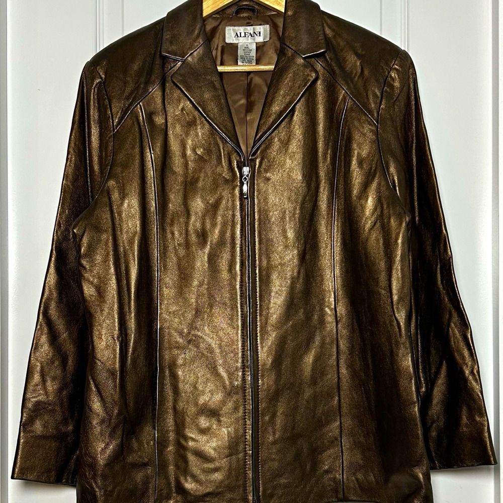 Alfani Lamb Leather Metallic Bronze Full Zip Lined Collared Mid Length Jacket